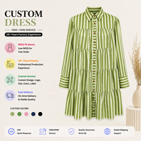 Robe chemise rayée pour femme, manches longues, boutonnée sur le devant, verte, à volants étagés, décontractée, printemps-été, mini-robe, mignonne, pour soirée