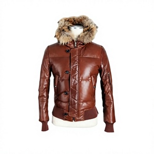 Veste en cuir véritable marron pour homme, col en fourrure, veste bomber d'hiver - Product Image 2