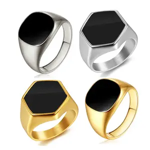 Fashion Fine Jewelry Stainless Steel Onyx Stone Ring Vintage 18K Gold Plated Rhombus Enamel Signet Ring for Men