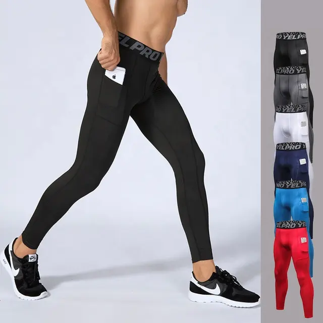 Toptan spor giyim sıkıştırma tayt koşu tayt elastik bant erkek Yoga pantolon cep ile