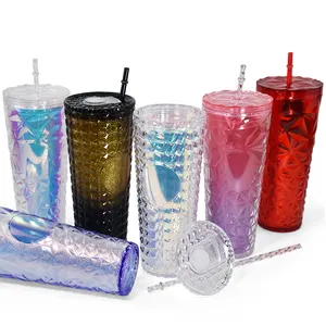 24oz Diamond Studded Acrylic Tumbler Double Walls Plastic Cups With Lid Straw Beverage Tumblers For Party Student