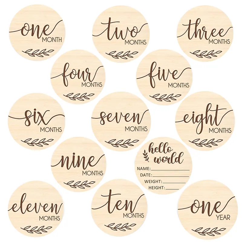 Custom engrave printing Hello World Birth Wooden Sign Baby Arrival Birth Shower Milestone Discs Baby Monthly Milestone Cards