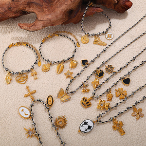 Fashion Charm Bracelets Set 18K Gold Plated Multi Element <b>Cross</b> Design Unisex Jewelry Black Rope <b>Chain</b> Style - Product Image 1