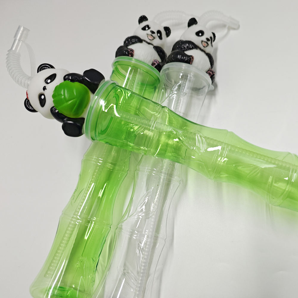 Kids Water Bottles 16oz BPA-Free Plastic Drinking Bottle with Cute Panda Lid Straw Cartoon Bamboo Design Cup for Children