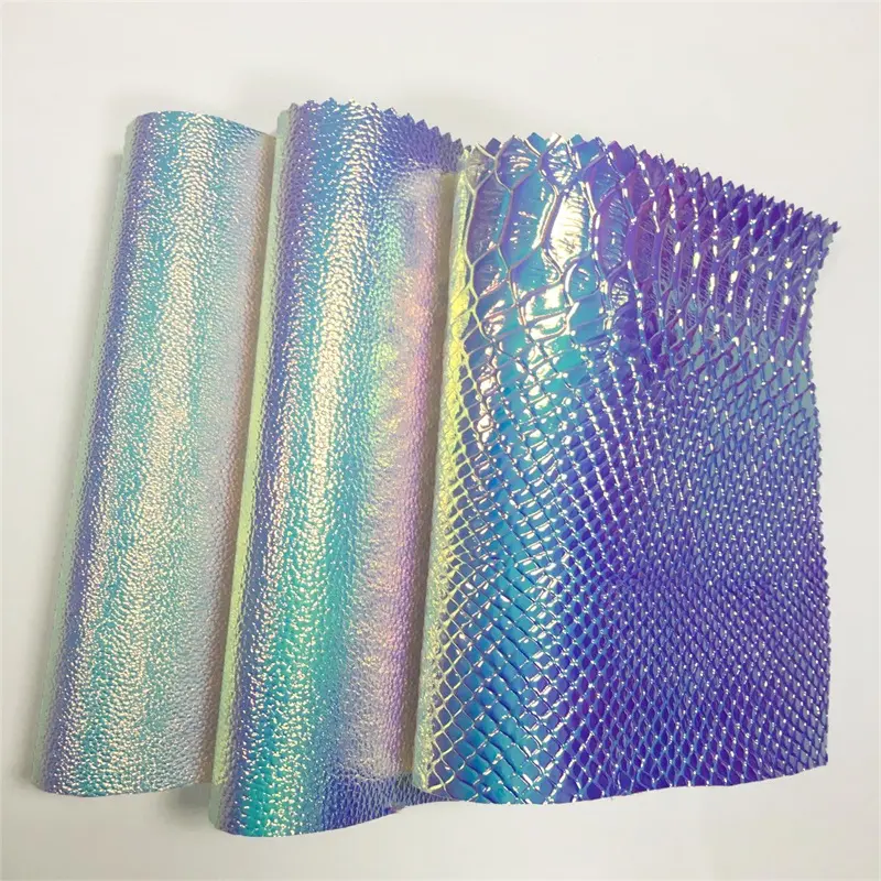 Ekose/Mermaid/Litchi desen kabartma holografik kumaş yapımı için Dichroic PU yapay deri çanta/küpe/zanaat