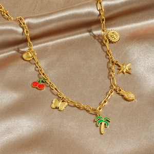 Gold Plated Fruit Palm Tree Pendant Necklace With Butterfly Star Cherry Pineapple Charms For Party Fashion Jewelry - Product Image 2