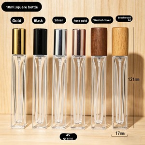 Flacons de parfum en verre rectangulaires 10 ml, vaporisateur roll-on rechargeable, verre transparent avec bouchons en métal et en bois, emballage en boîte imprimée - Product Image 2