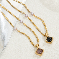 Collier pour femme en acier inoxydable minimaliste français, avec pendentif losange, cabochon en pierre naturelle, perle d'eau douce et chaîne Figaro