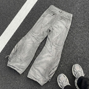 Pantalones Personalizados para <span class=keywords><strong>Hombre</strong></span>, Jeans Holgados que Imitan el Denim de Algodón Deslavado Oscuro, Cintura Alta, Pierna Ancha, Estilo Retro Urbano, Botones Curvos - Product Image 2