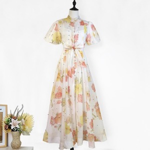 Solid Chiffon Mini Dress High Neck Puff Sleeve A-Line Fitted Breathable Spring Formal Vintage Lace <b>Tight</b> Waist Casual - Product Image 1