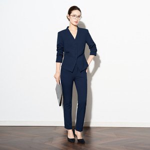 Navy Blue Women's Suit Set Three Quarter Sleeve Anti-Wrinkle Formal Spring <b>Work</b> Uniform - Product Image 4