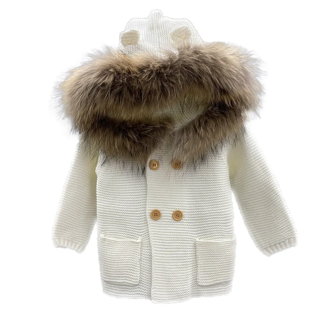 Wholesale Fashion Winter Knitted Soft Overcoat Warm Hooded Real Fur Collar Boys Girls Sweater