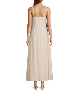 Women's Beige Maxi <b>Slip</b> Dress Minimalist Back Zipper Long Sleeveless Solid Color Breathable Summer Woven Polyester Dress - Product Image 1