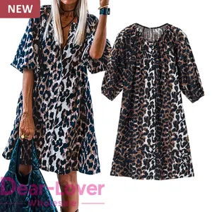 Lieber Liebhaber Großhandel Mode Damen Westerndruck Sommer Baumwolle Leopard-Puffärmel Knöpfe Frontshirt Minikleid
