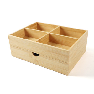 Office desktop bamboo four-compartment <b>drawer</b> <b>storage</b> <b>box</b> for stationery and books, a unique retro student-style organizer. - Product Image 1