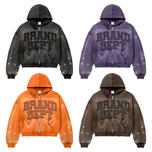 Custom Logo Acid <b>Wash</b> Distressed Vintage Cotton 500gsm Heavyweight Oversize Streetwear Men's Rhinestone Hoodies - Product Image 1