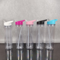 Entrepôt aux États-Unis Bouteille d'eau de 16oz en plastique transparent à double paroi sans Bpa pour enfants avec paille à rabat colorée et couvercles