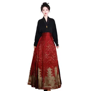 Red Dress Flower Full Building New Weaving Gold Slim Appearance New Chinese Style Han Element Daily Horse Face Skirt Set