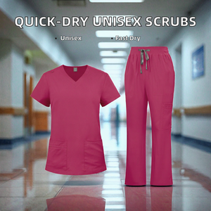 Unisex Woven Spandex Medical Scrub Set V Neck Hospital Uniform Short Sleeve <b>Top</b> and Drawstring Pants Multi Pocket Clinic Wear - Product Image 2