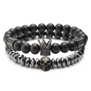 Zubehör Matte Onyx Stein Perlen Schädel Armband Erkek Bileklik Set Crown Herren Armbänder