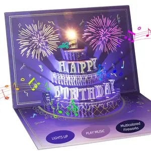 Happy Birthday Card, Fireworks Cake 3D Pop Up Birthday Card Gift with Envelope 3d Greeting Cards for Women, Men, Kids