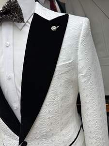 Trajes de Novio Blancos con Jacquard y Cuello de Satén Negro, Esmoquin de 3 Piezas, Trajes de Novio <span class=keywords><strong>para</strong></span> <span class=keywords><strong>Hombre</strong></span> - Product Image 2