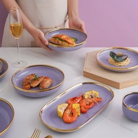 Vente en gros de bols en céramique nordiques de couleur violette avec bordure dorée, assiettes en porcelaine, vaisselle de luxe, ensemble de vaisselle en céramique