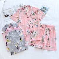 Setelan piyama Satin Rayon musim panas wanita celana pendek lengan pendek bahan Modal kardigan sutra katun keren kerah ODM perlengkapan pakaian santai