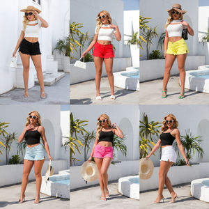 Channel Fashion Summer Candy Color Casual Side Split Ripped Cintura alta <span class=keywords><strong>Flecos</strong></span> Denim Booty Shorts para mujer - Product Image 1