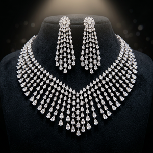 Luxury <b>Silver</b> Plated CZ Cubic Zirconia Indian Bridal Teardrop <b>Choker</b> Necklace Earrings Jewellery Set Brass Base - Product Image 4