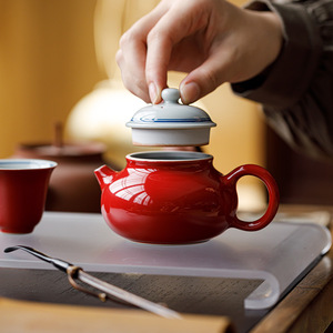 Guanlan Porcelain Teapot Red Glaze Double Lines Round With Lid Large Capacity Kung Fu <b>Tea</b> <b>Set</b> Household Use - Product Image 3