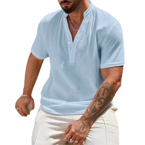 Camisa Casual de Lino y Algodón para Hombre, Manga Corta, Cuello Mao, Color Sólido, Top de Verano - Product Image 5