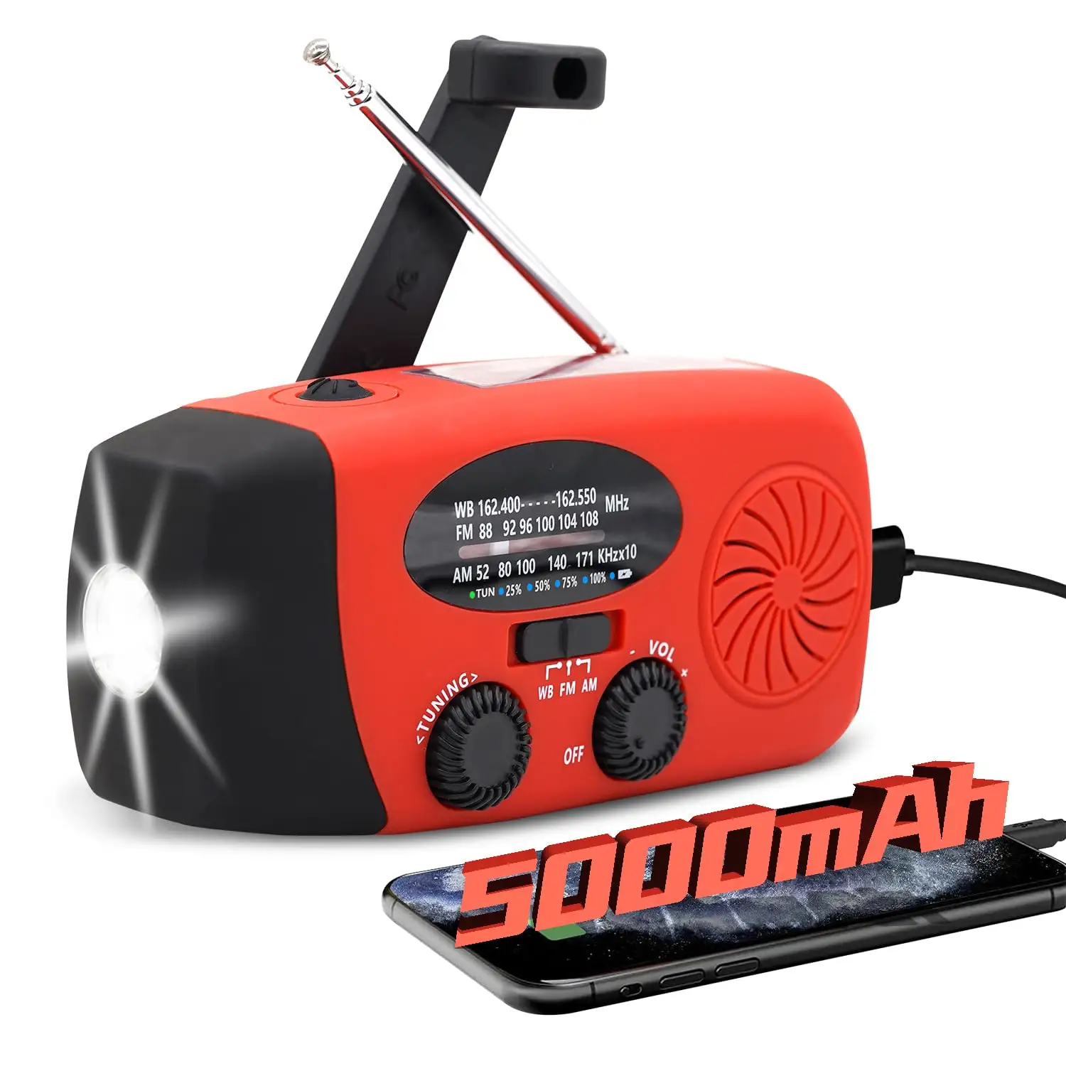 Radio de manivela de mano de emergencia 5000mAh Cargador USB FM AM NOAA Radio meteorológica con lámpara de brújula Radio solar