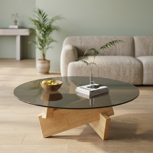 Table basse ronde moderne avec plateau en verre trempé et base en bois, design minimaliste, meubles de salon - Product Image 3