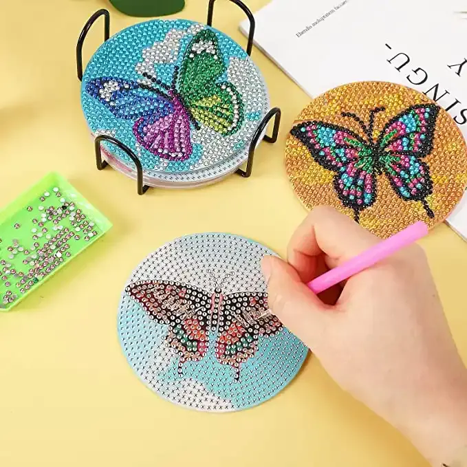 Lot de 6 sous-verres de peinture en diamant Diy Butterfly Coaster Diamond Art pour enfants et adultes