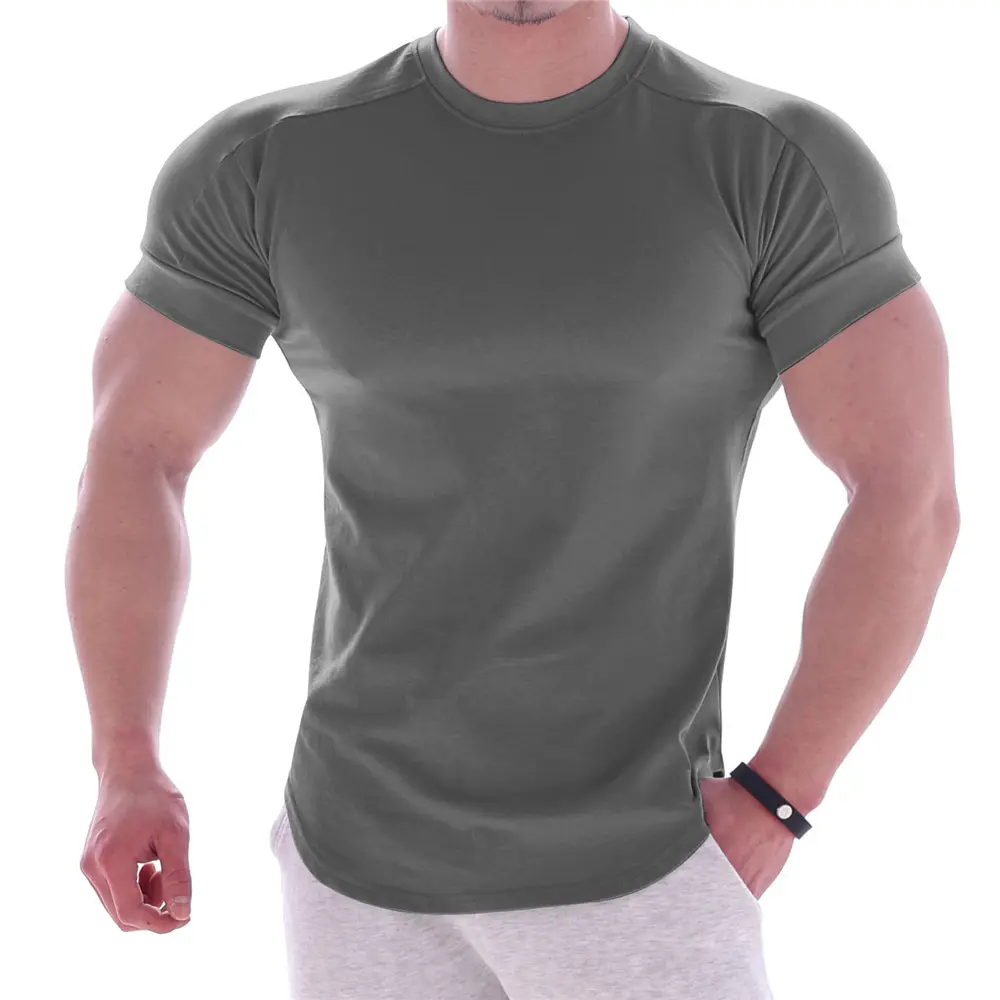 Herren solide Farbe Sommer Laufmannschaft Nacken-T-Shirt schnell trocknend Fitness Strumpfhosen elastisches Hemd Trainingsoberteile einfarbige Design-Kleidung