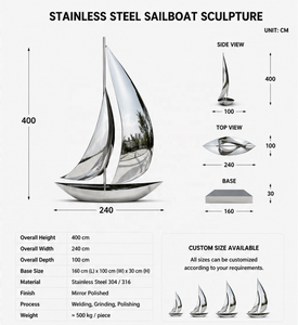 Escultura de Velero de Acero Inoxidable Pulido a Espejo de Tamaño Real BSA, Velero Abstracto Moderno para Parques y Plazas Acuáticas - Product Image 2