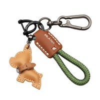 Porte-clés de voiture en cuir véritable fait main pour chiot bouledogue français, cordon anti-perte en corde tressée, emballé individuellement, moderne et simple