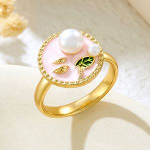 Anillo Vintage Elegant <b>Adjustable</b> Painted Drip Oil <b>Ring</b> Flower Enamel Pearl Opening <b>Ring</b> Flower Copper Micro Inlaid Enamel <b>Ring</b> - Product Image 4