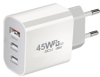 Chargeur rapide 45W à 3 ports, prise EU, double USB-C PD45W, USB-A QC3.0, adaptateur secteur compact pour téléphone, tablette, petit ordinateur portable, logo OEM personnalisé