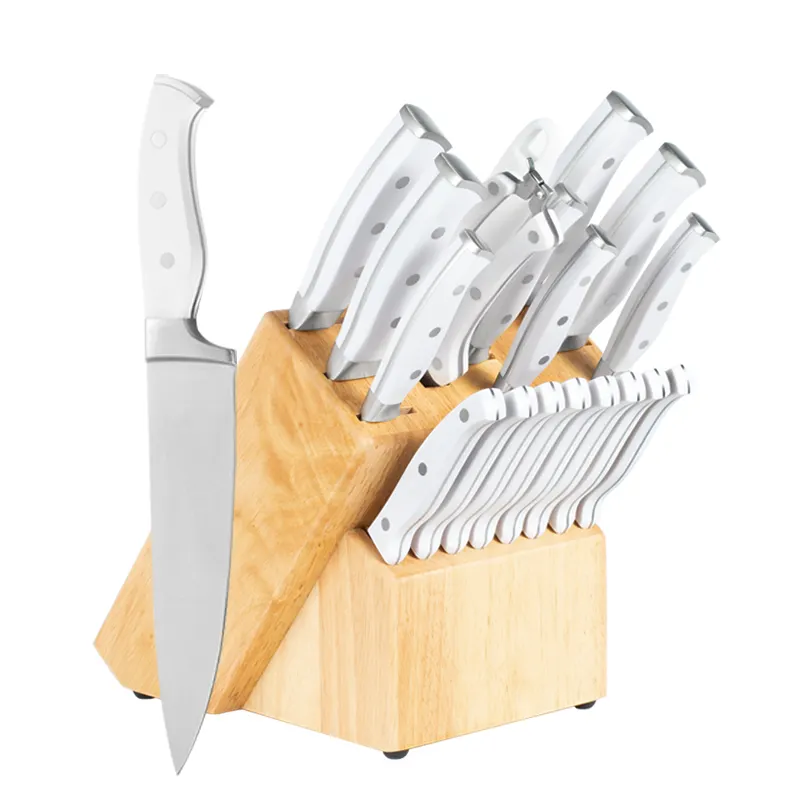 Professional 8 pcs steak knives white color abs handle Chef Carving double forged kitchen knife set with rubber wood block