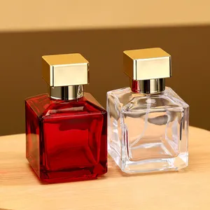 In Stock Red Clear 70ml Square Cube Shape Glass Perfume Bottles Perfume Fragrance Oil Glass Bottles With Lids