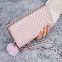 2025 à la mode femmes coréen Double fermeture éclair pochette portefeuille V broderie boule de poils nouvelle Position multi-cartes longue durée Polyester