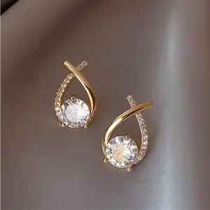 Großhandel Korea 925 Silbernadel 14k vergoldete runde Diamantohrringe Mode Silber Zirkon gekreuzte Stecker-Ohrringe für Mädchen