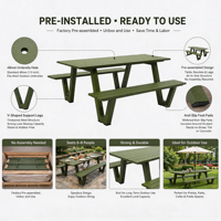 Ensemble table et banc de pique-nique en plastique résistant aux intempéries, robuste, pour extérieur, parc, table à manger intégrée