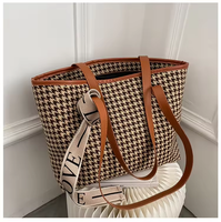 Tas Selempang Kanvas Motif Houndstooth Leopard Kapasitas Besar Custom Grosir dengan Pita untuk Wanita