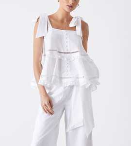 Conjunto de 2 piezas de Frenulum para <span class=keywords><strong>mujer</strong></span>, <span class=keywords><strong>traje</strong></span> de <span class=keywords><strong>lino</strong></span> <span class=keywords><strong>blanco</strong></span>, estilo informal de verano, patrón sólido, vendaje, blusa holgada sin mangas, trajes de pantalón - Product Image 4