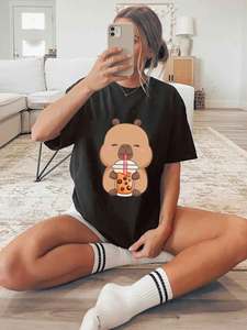 T-shirt personnalisé respirant en Spandex/Coton pour femme avec logo/emblème de chat imprimé sur la poitrine, motif sportif décontracté, dessin animé - Product Image 4