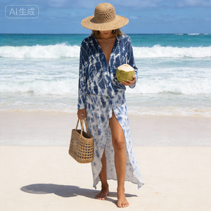 فستان ماكسي نسائي صيفي بوهيمي فضفاض بأكمام طويلة وياقة ملفوفة على شكل V مع شق أمامي مناسب للشاطئ والإجازات - Product Image 2