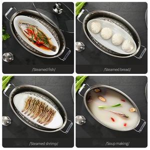 Juego de ollas de vapor ovaladas <span class=keywords><strong>para</strong></span> pescado con olla de cocina 8QT, sartén de cerámica, mandril, tapa de vidrio ventilada <span class=keywords><strong>para</strong></span> cocinar pescado al vapor, sopa hirviendo, <span class=keywords><strong>pavo</strong></span> asado - Product Image 4